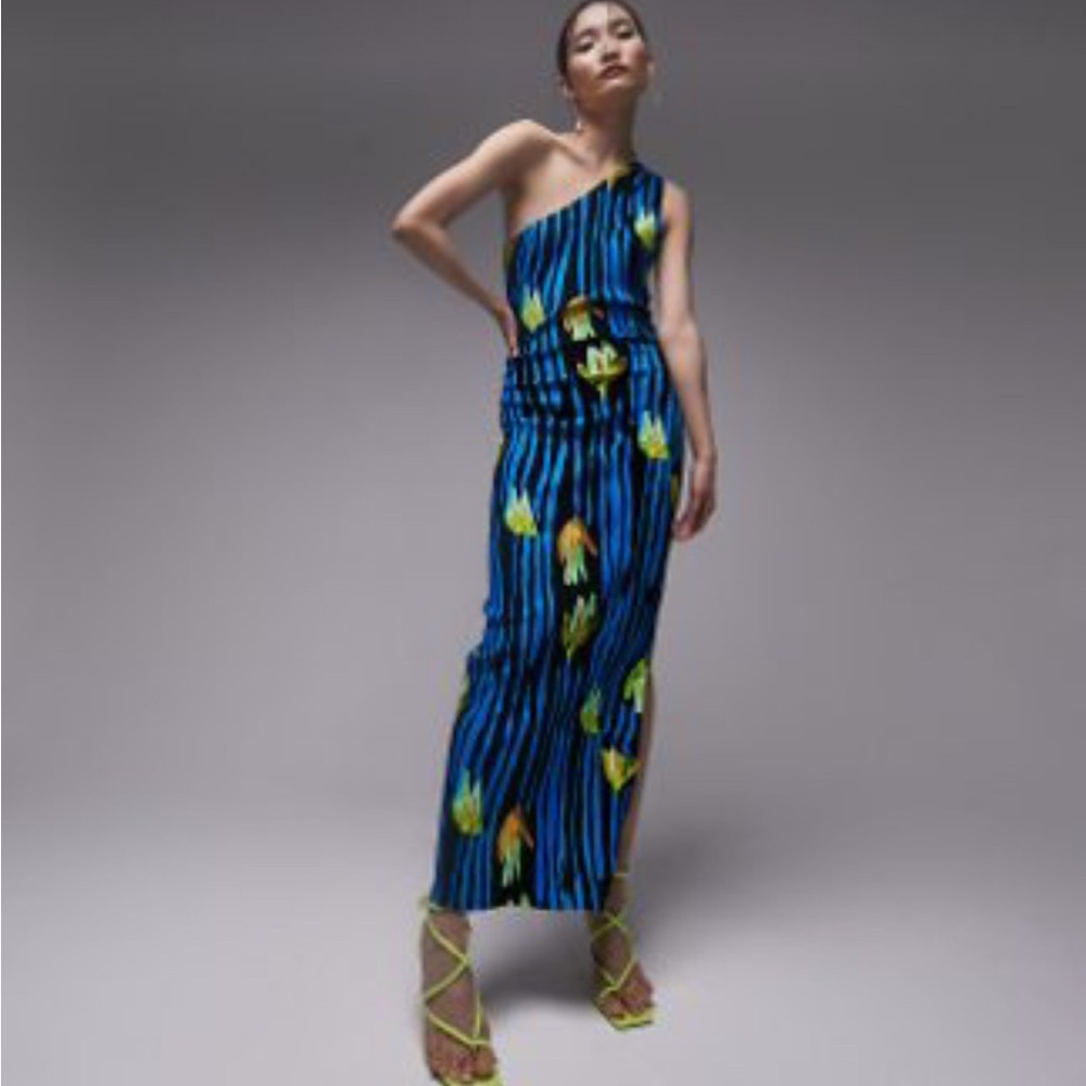 Topshop One Shoulder Ribbed Jersey Midi Dress in Tulip Print